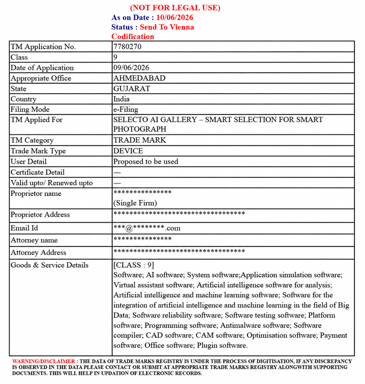 Trademark application for SELECTO AI GALLERY