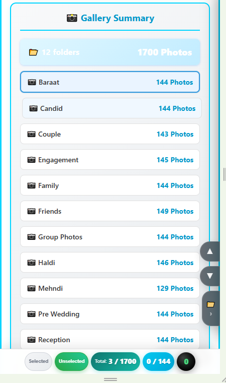 V7.0 PRO gallery summary with 12 event folders and 1700 photos