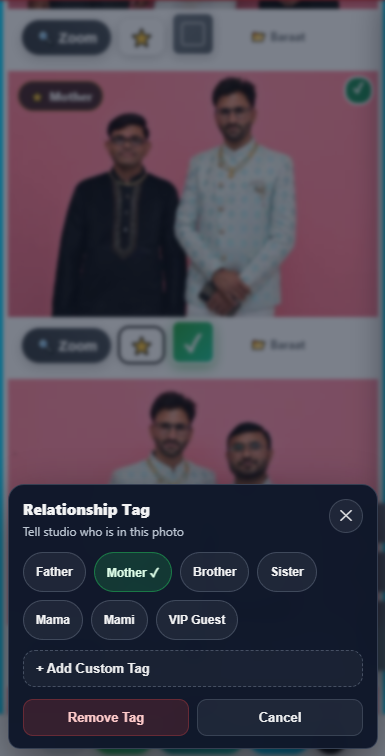 V7.0 PRO relationship tag modal — Father, Mother, Brother, Sister, Mama, Mami, VIP Guest and custom tags